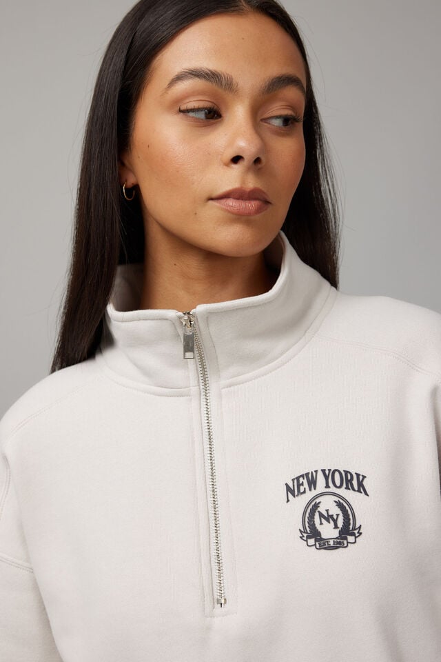 Slouchy Graphic Qtr Zip, DOVE GREY/NYC