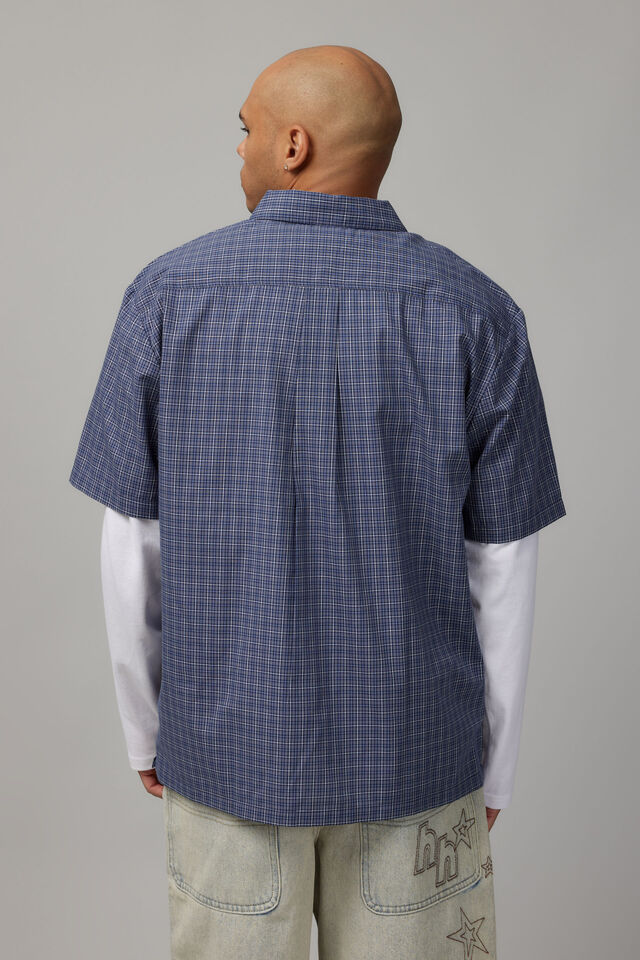 Short Sleeve Shirt, NAVY BLUE MICRO CHECK