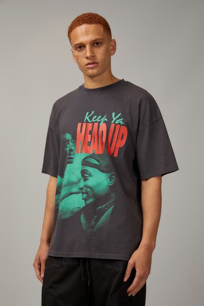 Oversized Music Merch T Shirt, LCN BRA WASHED SLATE/TUPAC HEAD UP