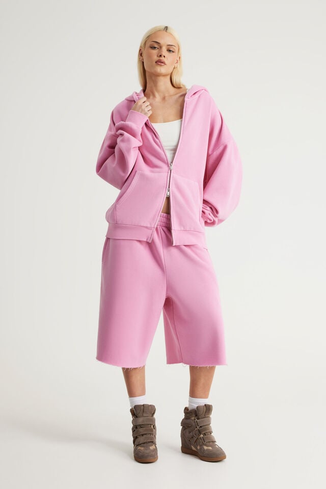 Authentics Oversized Zip Thru Hoodie, WASHED POP PINK