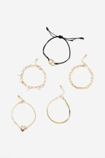 Summer Bracelet Pack, GOLD W BLK CORD AND PEARLS