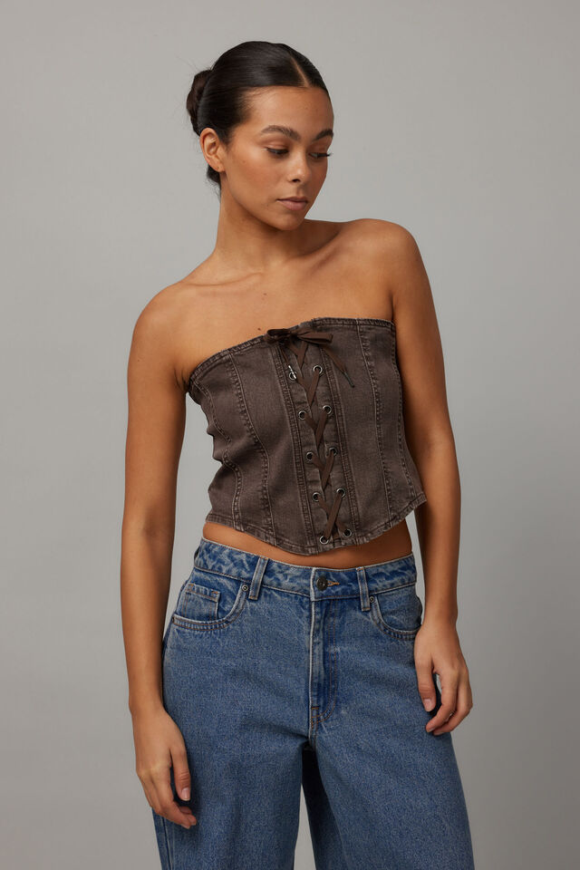 Tilly Denim Tie Front Corset, WASHED CHOC