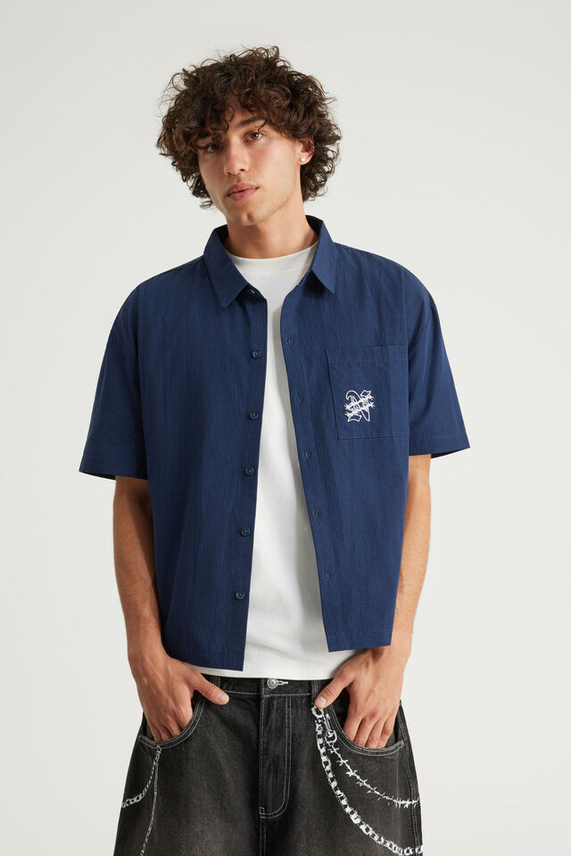 Notion Boxy Cropped Short Sleeve Shirt, NOTION BLUE CHECK/BACK SCRIPT & POCKET