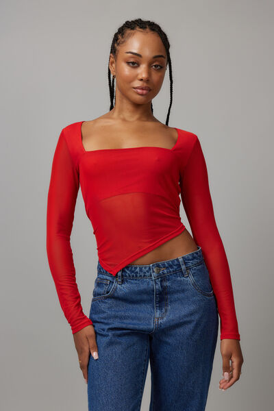 Ally Mesh Square Neck Long Sleeve, SCARLET RED