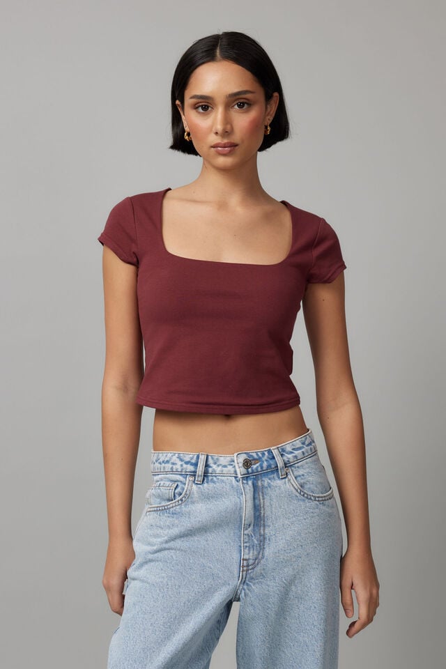 Sally Square Neck Tee, BORDEAUX