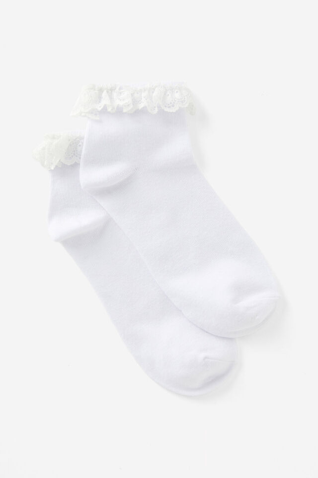 Girls Everyday Quarter Sock, WHITE WITH LACE