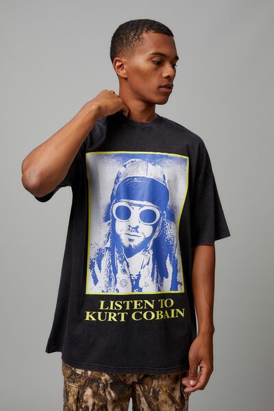 Oversized Music Merch T Shirt, LCN MT WASHED BLACK/KURT COBAIN FRAME