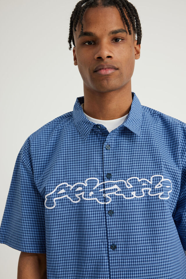 Half Half Boxy Cropped Short Sleeve Shirt, HH BLUE CHECK/GLOOP APPLIQUE