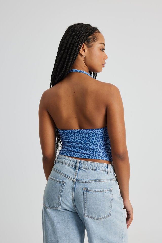 Kelly Mesh Cowl Neck Halter, BLUE LEOPARD