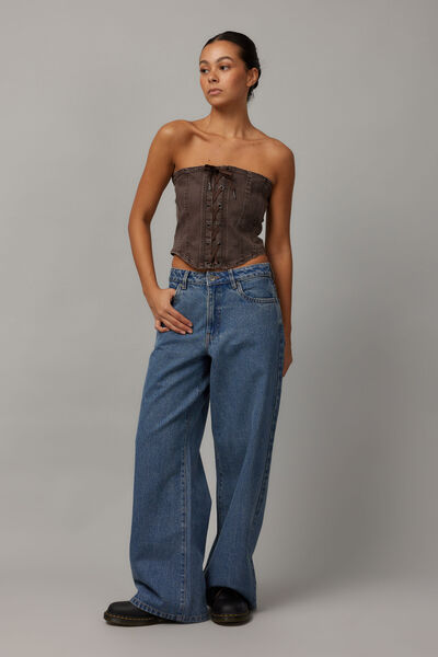 Tilly Denim Tie Front Corset, WASHED CHOC