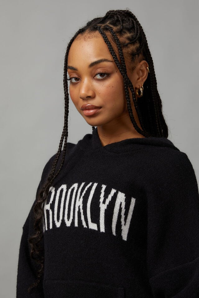 Oversized Jacquard Knit Hoodie, BLACK/BROOKLYN