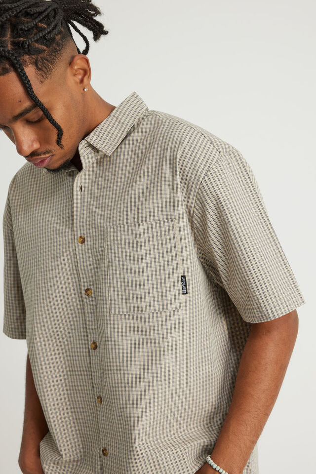 Half Half Short Sleeve Shirt, HH BEIGE BLK CHECK