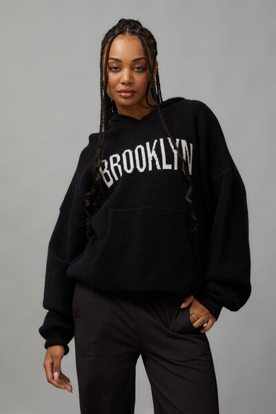 Oversized Jacquard Knit Hoodie, BLACK/BROOKLYN