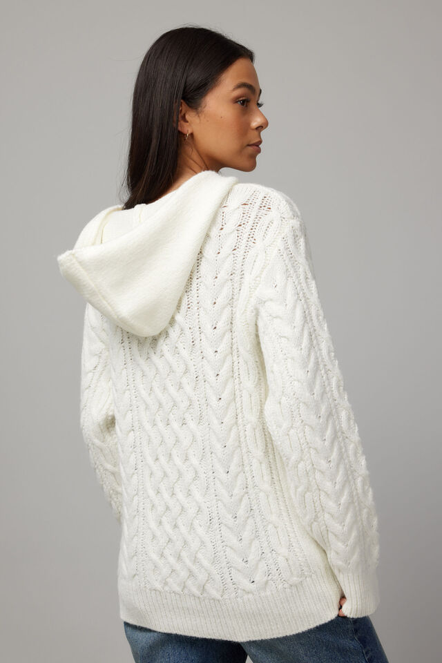 Joey Cable Knit Hoodie, WHITE