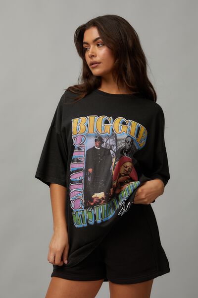 Music Merch Oversized Graphic Tee, LCN MT BIGGIE SKYS THE LIMIT/ WASHED BLACK