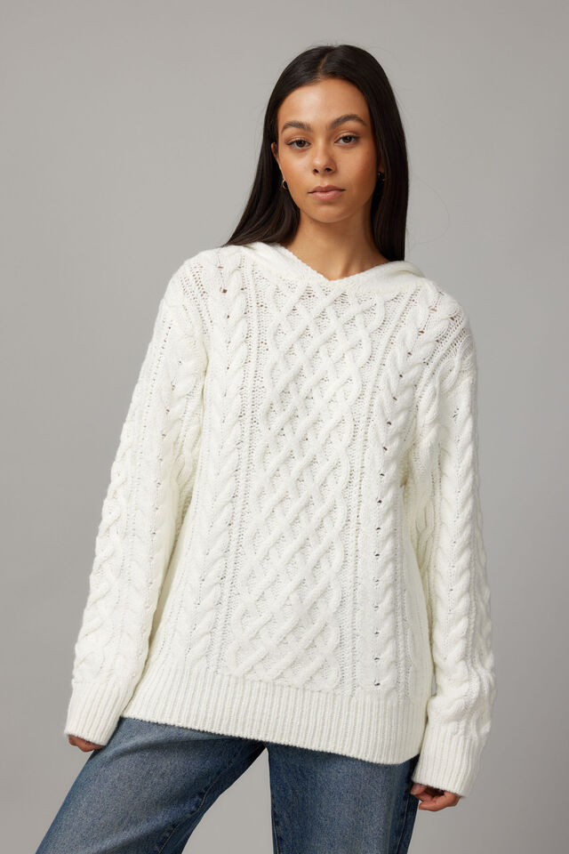 Joey Cable Knit Hoodie, WHITE