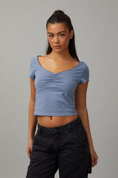 Gathered Front V- Neck Tee, DUSTY BLUE