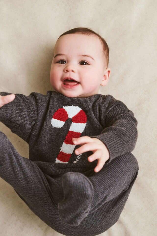 Organic Blend Knit Sweater, CHARCOAL MARLE/XMAS MERRY BABY