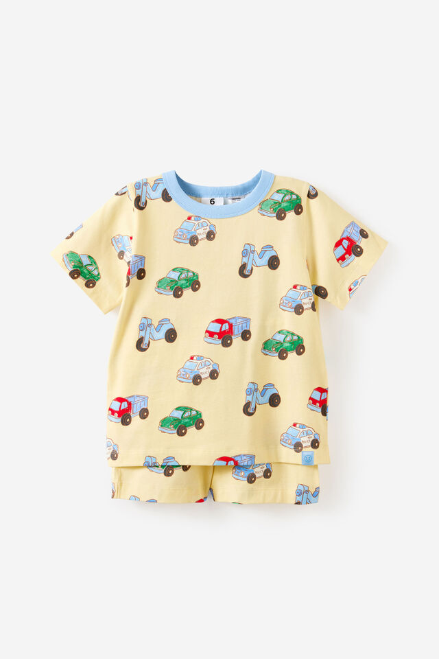 Dreamdrift Short Sleeve Pj Set, BUTTER YELLOW/CARS GLOW