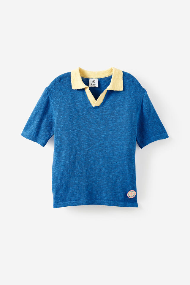 Oversized Colour Block Knit Polo, HARBOUR BLUE/BABY YELLOW
