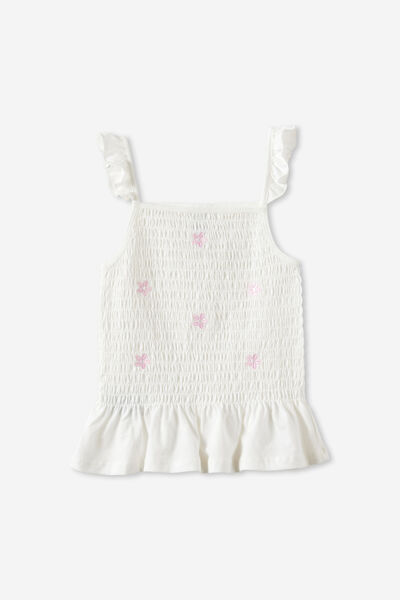 Shirred Tank Top, VANILLA/BALLET PINK FLOWER EMBROIDERY