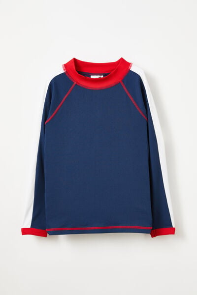 Flynn Long Sleeve Raglan Rash Vest, IN THE NAVY/RIB STRIPE PANEL