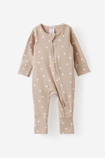 Growie Long Sleeve Zip Romper, LATTE CREAM/POLKA DOT