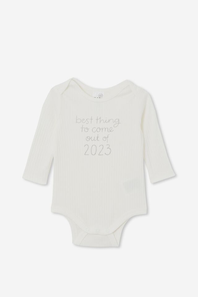 Organic Newborn Long Sleeve Bubbysuit, MILK/BEST THING TO COME OUT OF 2023
