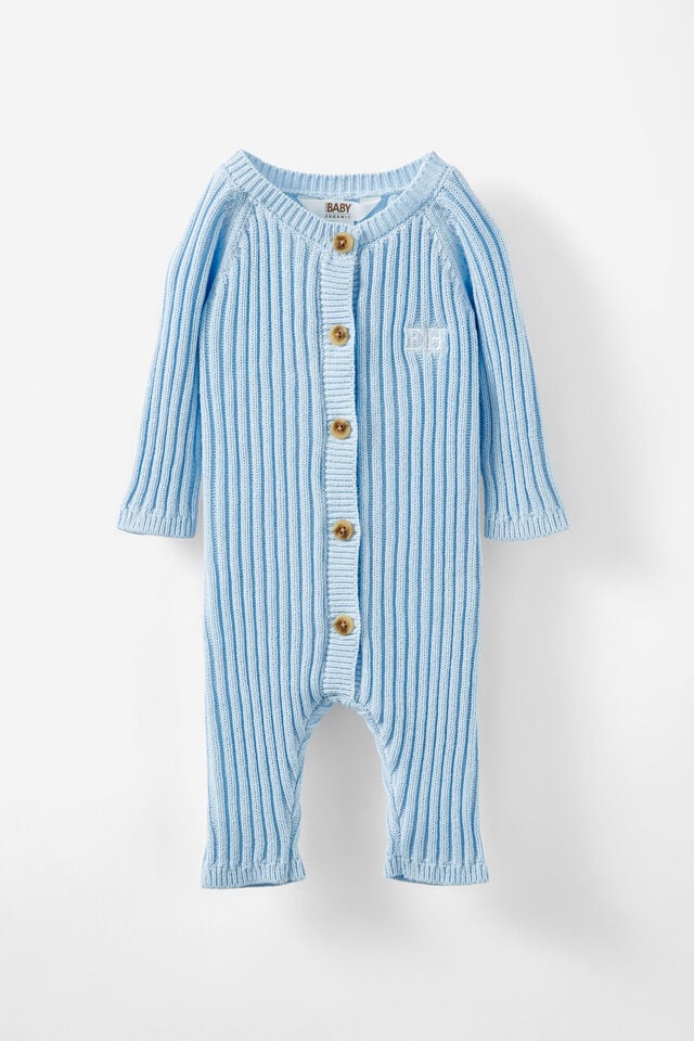 Organic Knit Long Sleeve Romper - Personalised, WHITE WATER BLUE