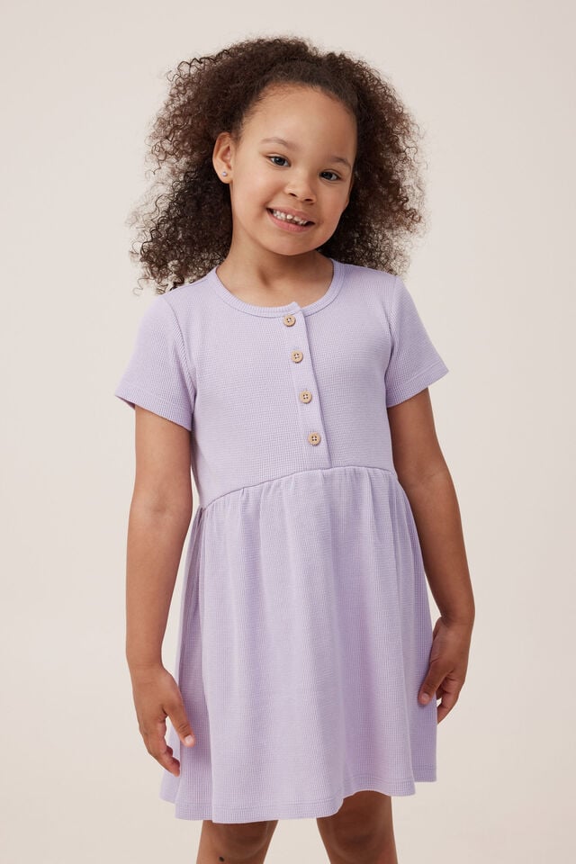 Sally Button Front Short Sleeve Dress, LILAC DROP WAFFLE