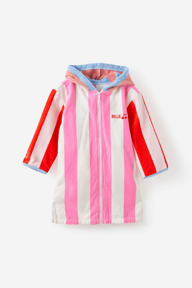 Kids Zip Thru Hooded Towel - Personalised, STRAWBERRY MILK/CONTRAST STRIPES