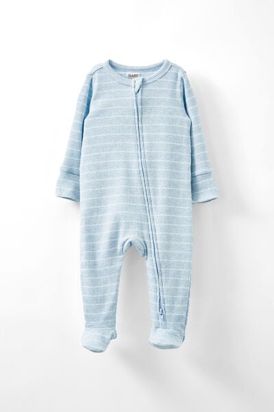 Organic Pointelle Zip All In One Romper, WHITE WATER BLUE MARLE/VANILLA STRIPE