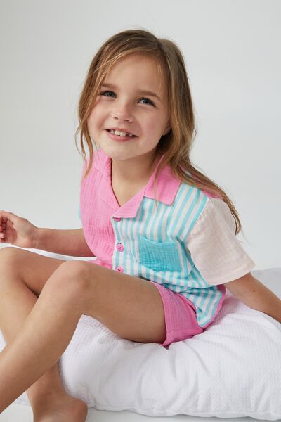 Alexis Cheesecloth Short Sleeve Pj Set, PINK PUNCH/COLOUR BLOCK