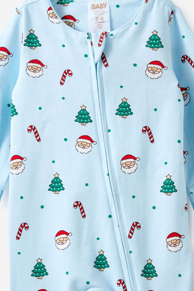 Growie Long Sleeve Zip Romper, BLUE WHISPER/CHRISTMAS SANTA