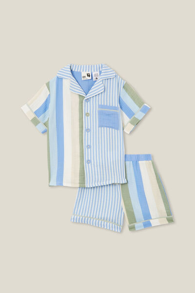 Archer Short Sleeve Pyjama Set, DUSK BLUE/BOLD STRIPE COLOURBLOCK