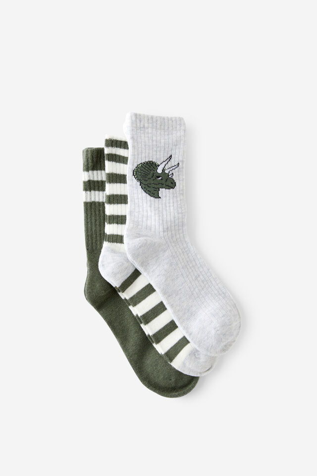 Kids 3Pk Crew Socks, CLOUD MARLE/SWAG GREEN STRIPES