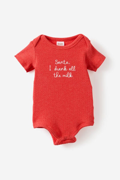 Organic Pointelle Short Sleeve Bubbysuit, VARSITY RED MARLE/SANTA I DRANK ALL THE MILK