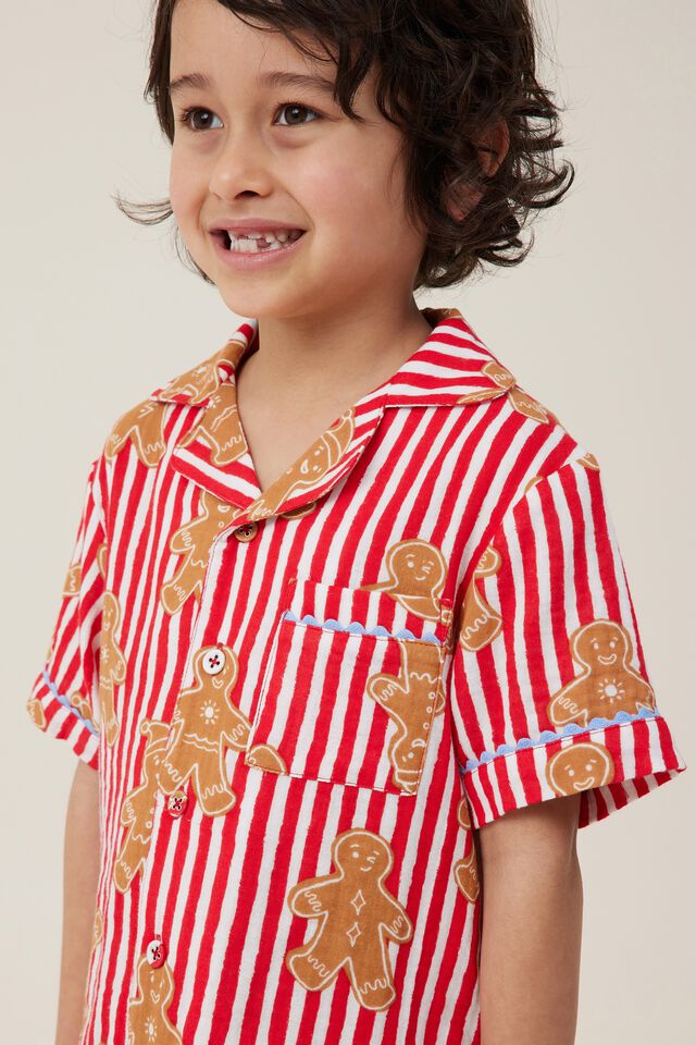 Riley Kids Unisex Short Sleeve Pyjama Set, ANTHURIUM RED/GINGERBREAD CANDY STRIPE