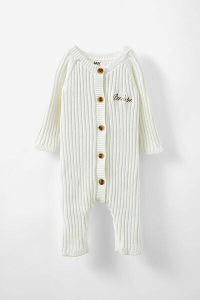 Organic Knit Long Sleeve Romper - Personalised, MILK