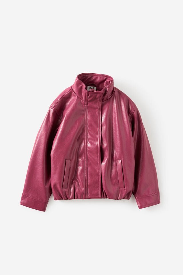 Faux Leather Funnel Neck Jacket, BERRY JAM