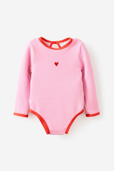 Baby Long Sleeve Keyhole Back Swimsuit, STRAWBERRY MILK/HEART