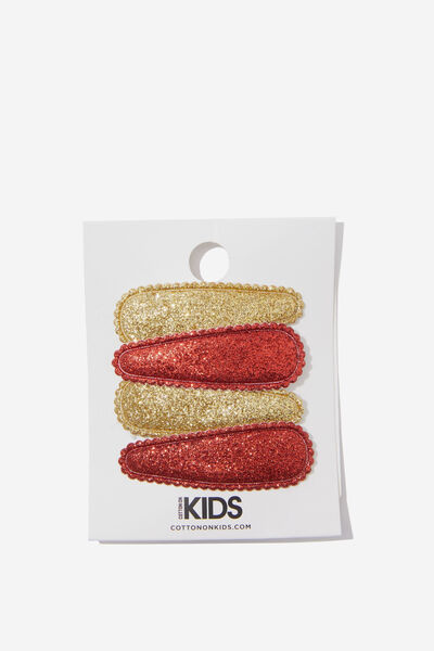 Acessório de cabelo - 4 Pk Covered Snaps, FLAME RED/GOLDY GLITTER SNAPS