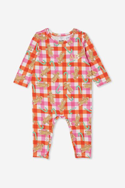 The Long Sleeve Snap Romper Personalastion, VANILLA/GINGERBREAD CHECK