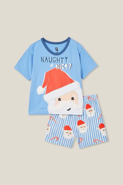 Felix Short Sleeve Pyjama Set, DUSK BLUE/NAUGHTY OR NICE SANTA