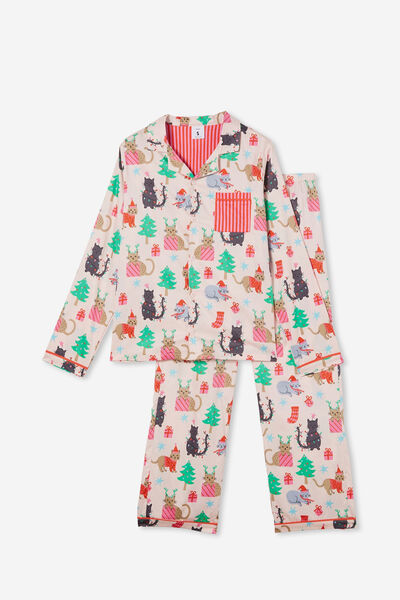Brodie Adults Unisex Long Sleeve Pyjama Set, CRYSTAL PINK/XMAS CATS