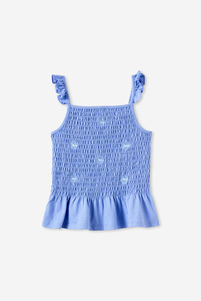Shirred Tank Top, TWILIGHT/CLOUD BLUE FLOWER EMBRODIERY