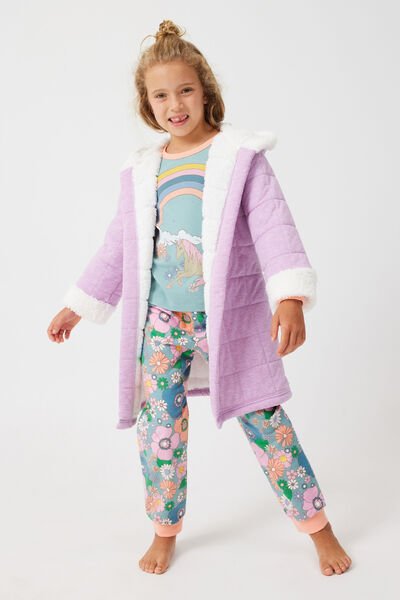 Girls Hooded Long Sleeve Quilted Gown, PURPLE LILACS/VANILLA CONTRAST