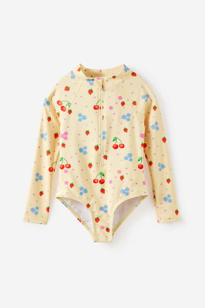 Long Sleeve One Piece Swimsuit, BABY YELLOW/CHERRIES