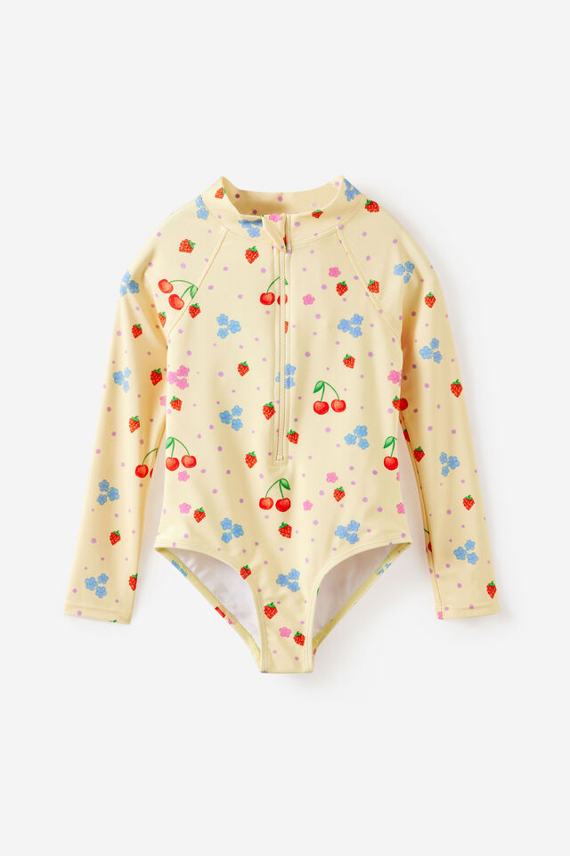 Long Sleeve One Piece Swimsuit, BABY YELLOW/CHERRIES