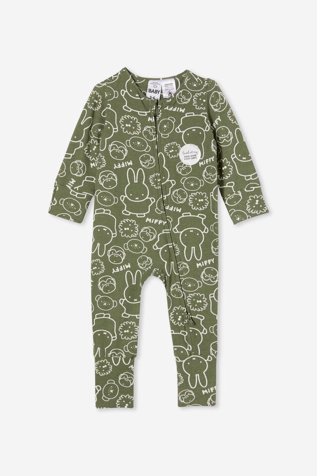 Miffy The Long Sleeve Zip Romper, LCN MIF SWAG GREEN/MIFFY FRIENDS STAMP